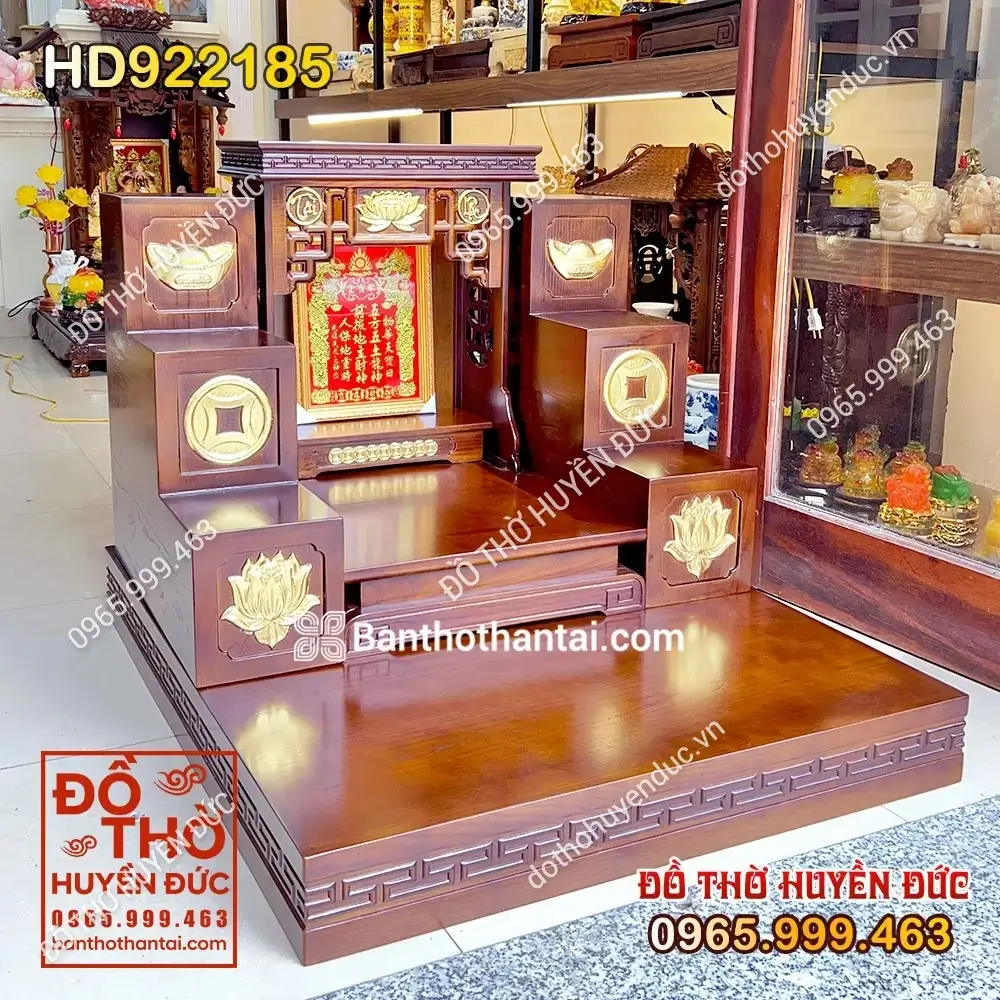 Bàn Thờ Thần Tài Hiện Đại Triện Sen Gỗ Sồi Màu Óc Chó Kèm Kệ HD922185