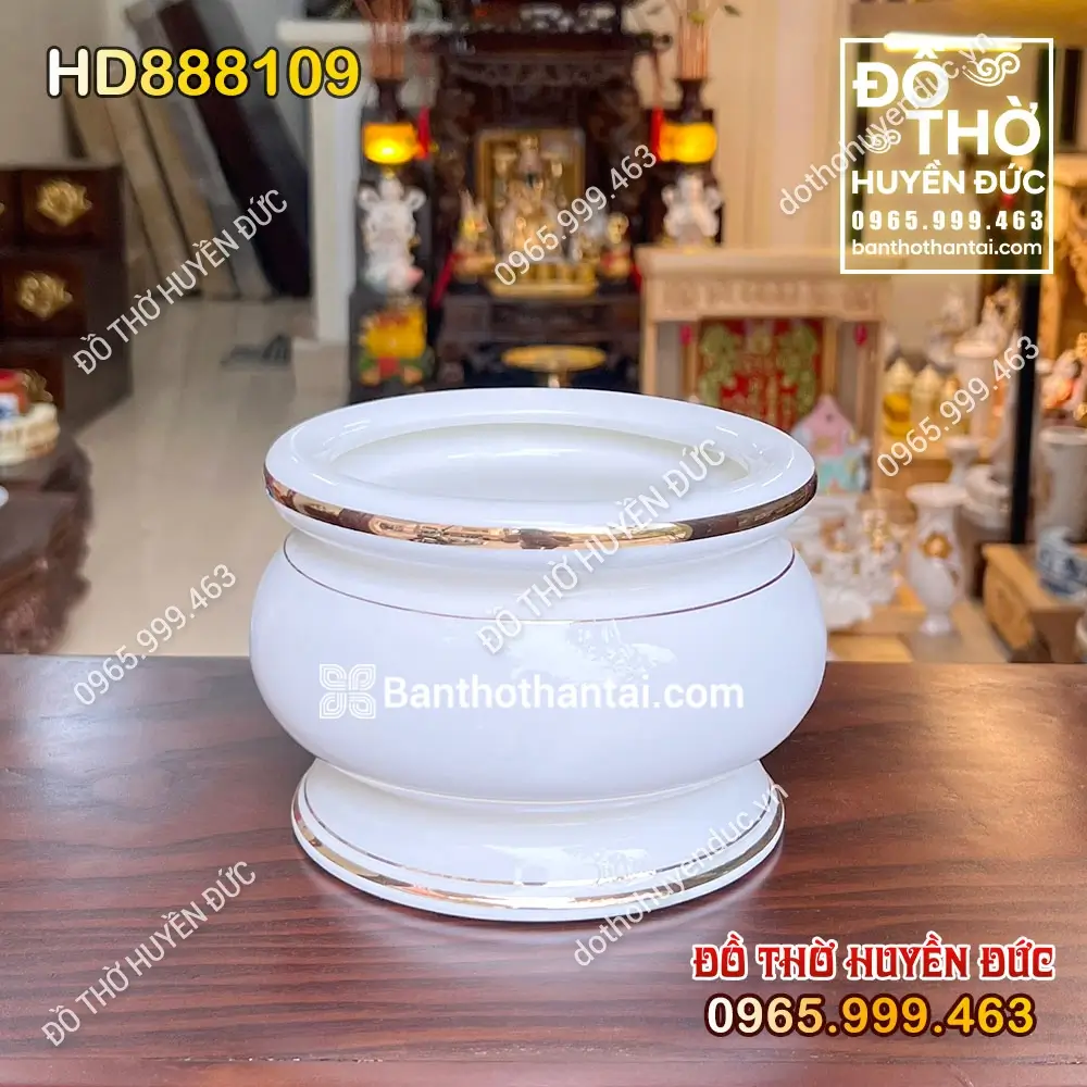 Bát Hương Sứ Trắng Viền Vàng Hình Lựu HD888109