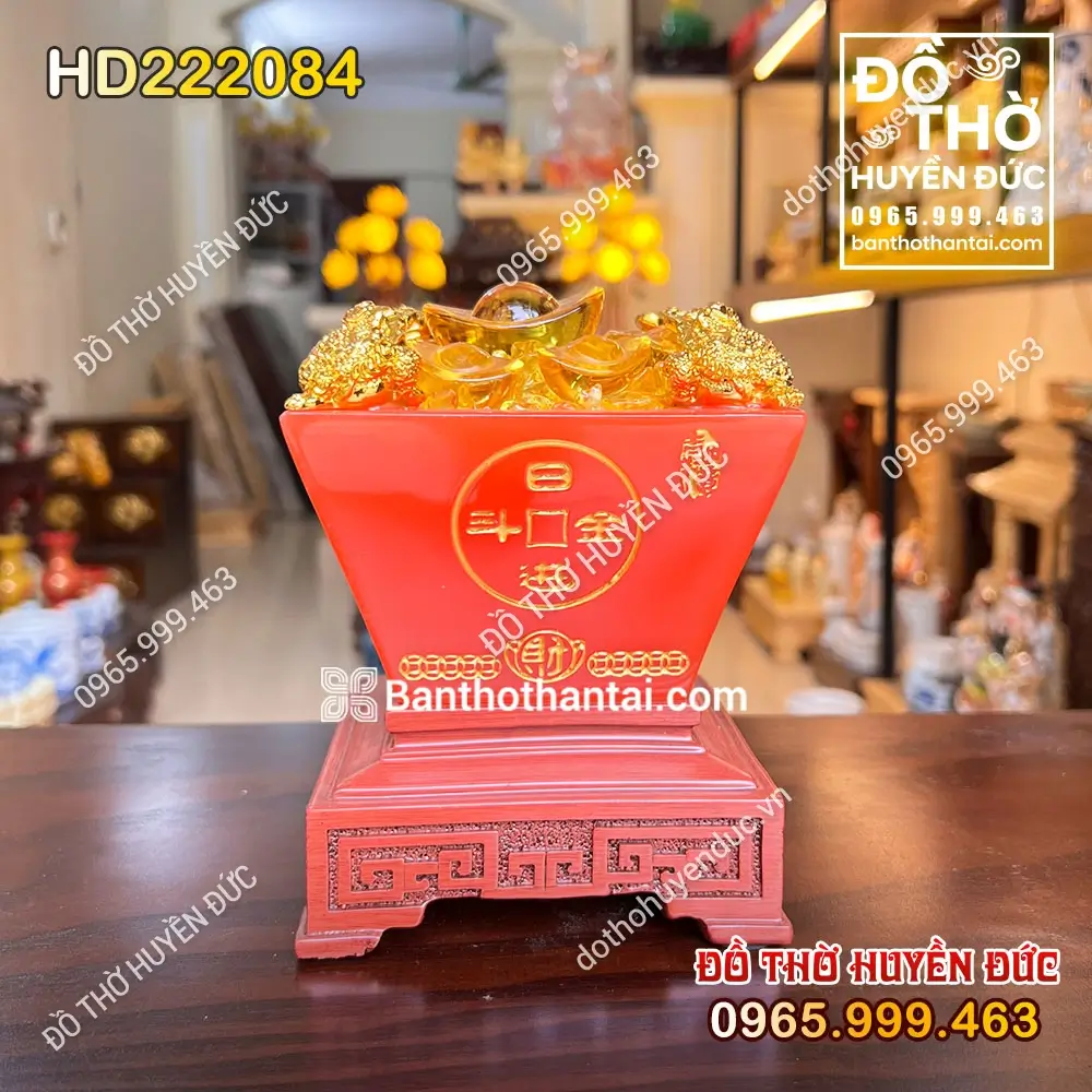 Bồn Tụ Bảo Đế Vuông Màu Đỏ Tài Lộc HD222084