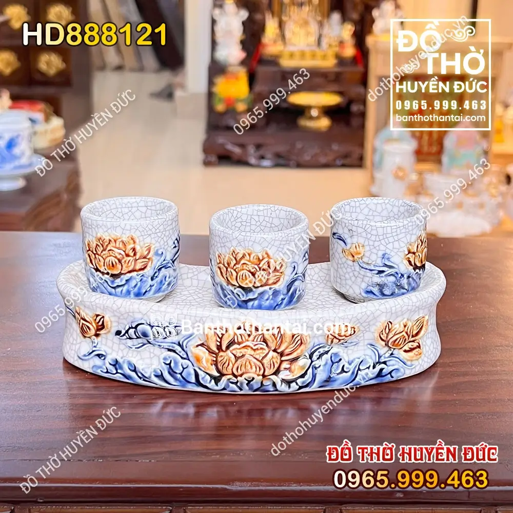 Kỷ Cong 3 Chén Men Rạn Hoa Sen HD888121