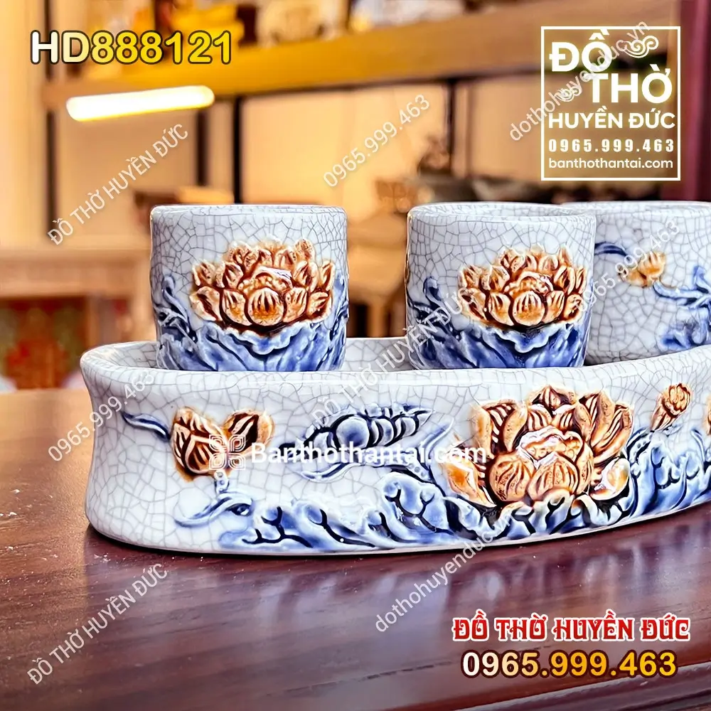 Kỷ Cong 3 Chén Men Rạn Hoa Sen HD888121