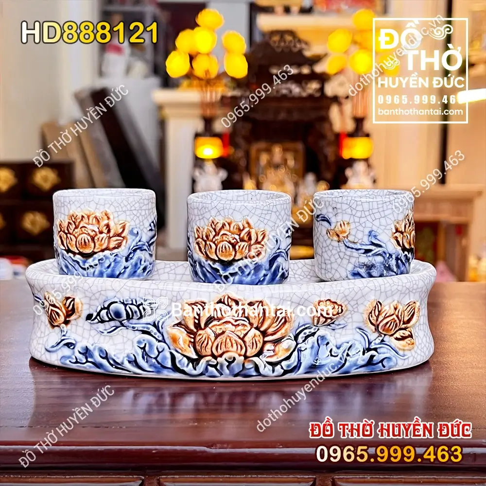 Kỷ Cong 3 Chén Men Rạn Hoa Sen HD888121