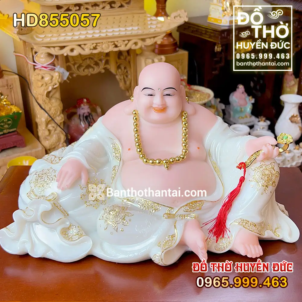 Tượng Phật Di Lặc Áo Trắng Ngồi Trên Túi Tiền Hoan Hỉ mã số HD855057