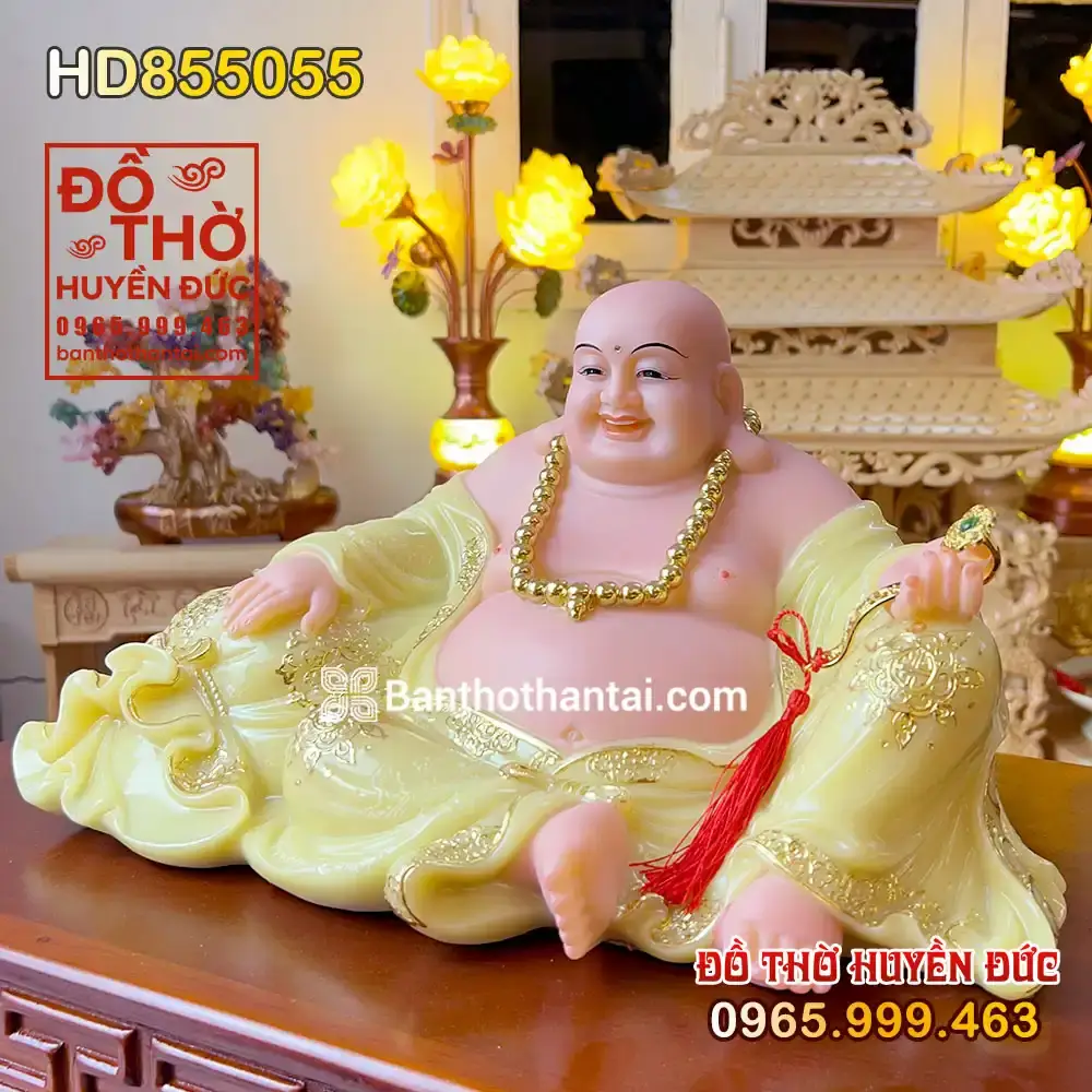 Tượng Phật Di Lặc Áo Vàng Ngồi Trên Túi Tiền Hoan Hỉ mã số HD855055