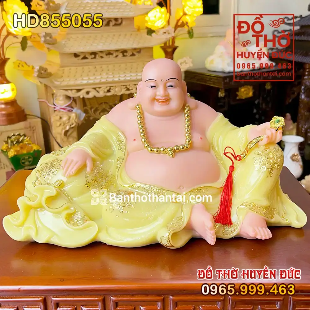 Tượng Phật Di Lặc Áo Vàng Ngồi Trên Túi Tiền Hoan Hỉ mã số HD855055