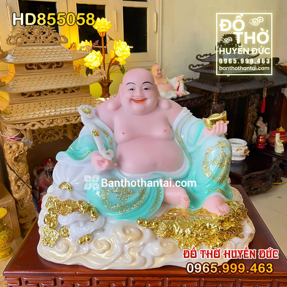 Tượng Phật Di Lặc Áo Xanh Tọa Mây Tài Lộc mã số HD855058