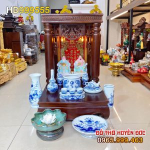 Bộ Bàn Thờ Thần Tài Mái Bằng Đồ Thờ Sứ Xanh Sen HD999555